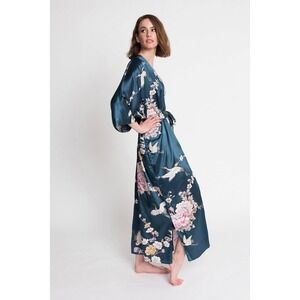 Kim + Ono Womens Kimono Long Robe One Size Blue Floral Crane Satin NO BELT